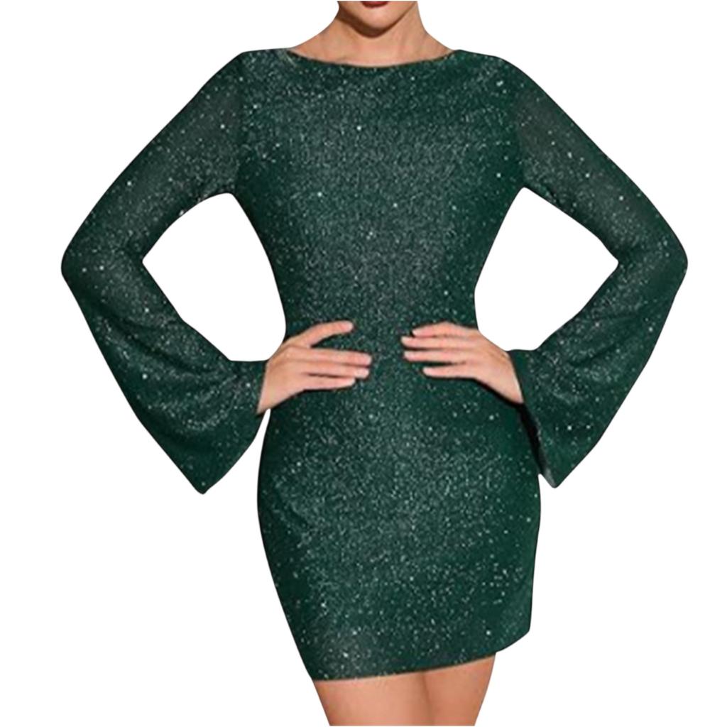 Abito da donna sexy con paillettes, manica lunga, alla moda, schiena scoperta
