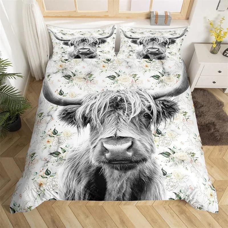 Highland Cow Duvet Cover King Queen Western Farm Animal Comforter Cover Microfiber Bull Cattle Floral Bedding Set For Kids Teen
