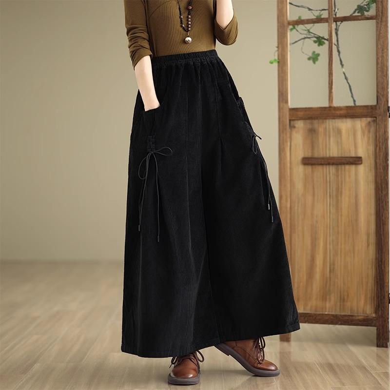 Women's Retro Corduroy High Waist Pants Spring Autumn Winter Slim A-Line Wide Leg Trousers with Pockets & Lace-Up Detail