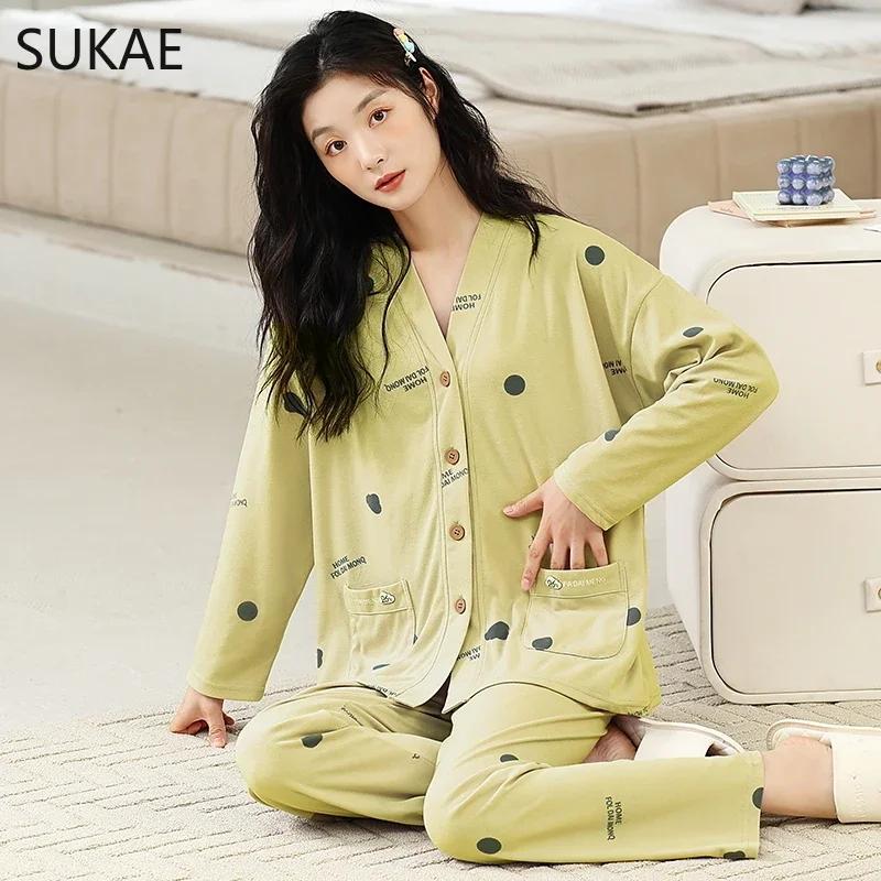 SUKAE New M-5XL Autumn Winter New Cotton Women Pajamas Lady Pijamas Set Loungewear Kimono Cardigan Long Sleeves V-neck Homesuit