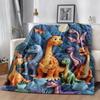 1 buc. Pătură de flanelă cu tematică de desene animate cu dinozauri colorați | Fundal de noapte albastru închis Potrivire cu dinozaur stil 3D Imprimare digitală