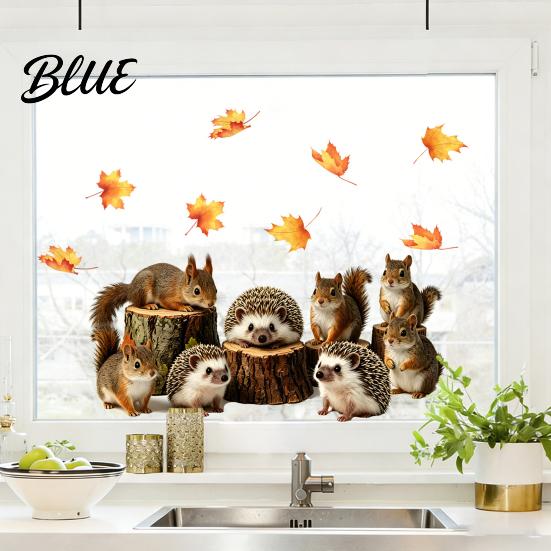 Wasserdichte Fensteraufkleber Herbstwald Aufkleber Und Eichhörnchen 2 Stück Statischer Igel Aufgedrucktes Thema PVC Aufkleber für Glastüren Fenster