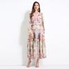 Summer Autumn Women V-neck Vintage Print Chiffon Runway Dress Single Breasted Long Maxi Oversize Vacation Beach Dresses with Belt