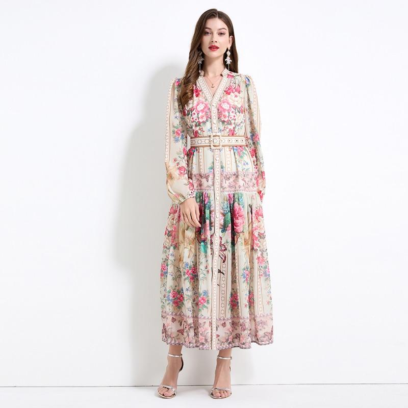 Summer Autumn Women V-neck Vintage Print Chiffon Runway Dress Single Breasted Long Maxi Oversize Vacation Beach Dresses with Belt