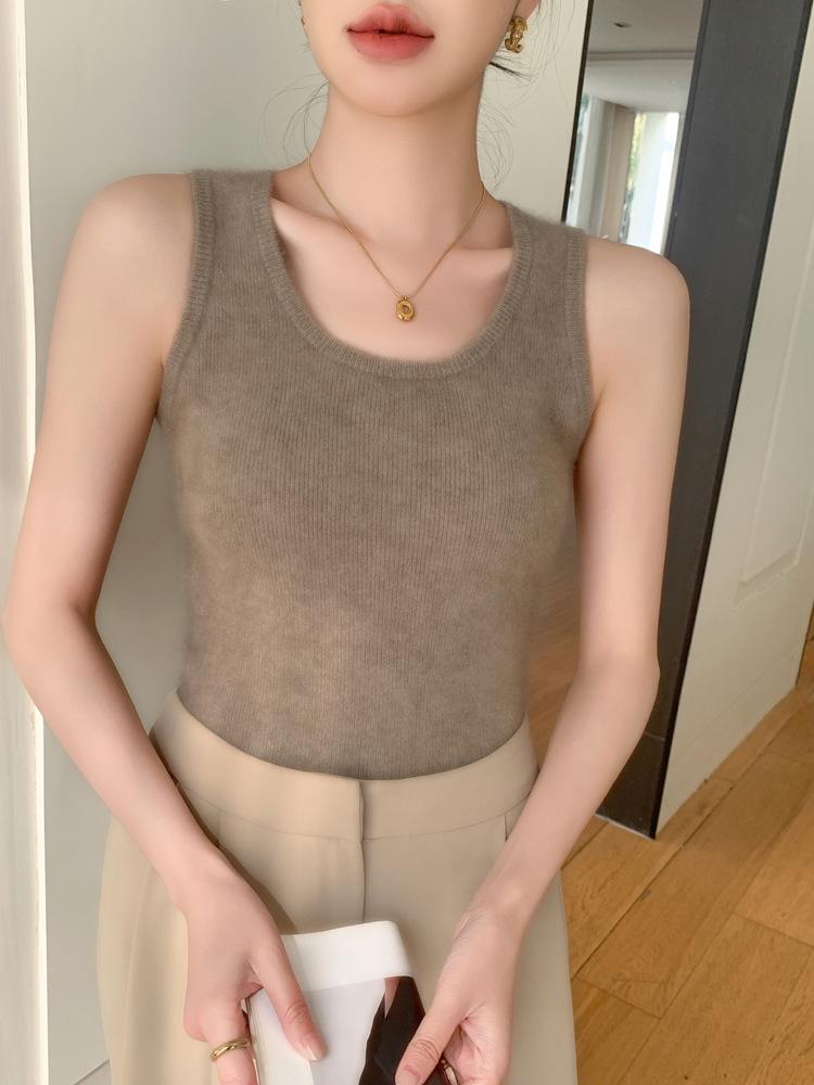 Women's Solid Color Cashmere Knit Tank & Cropped Cardigan Set - Sleeveless Base Layer (2025 Collection)