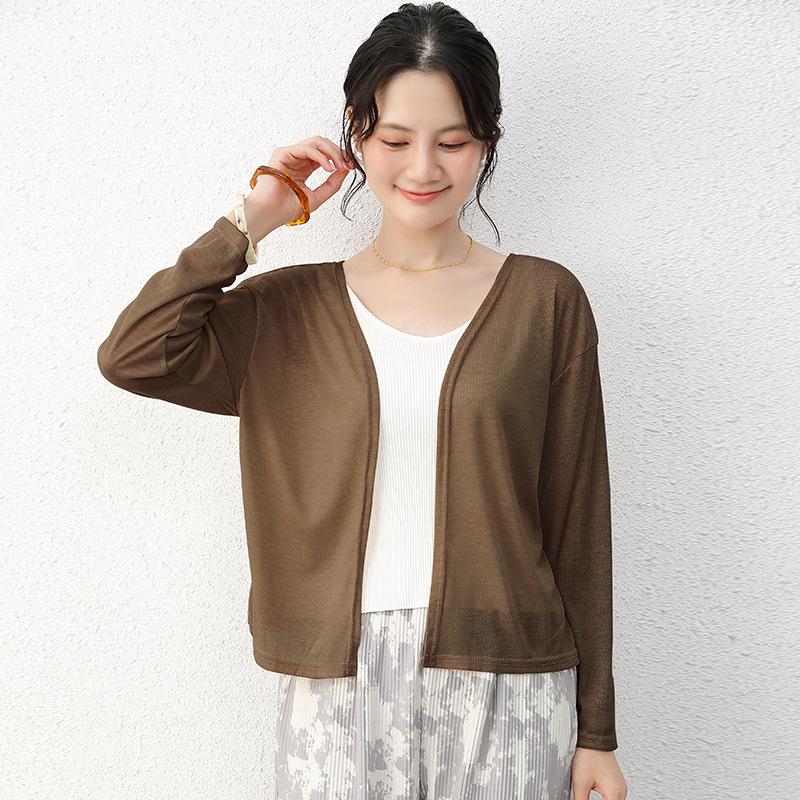 Women Long Sleeves Sun Protection Thin Cardigan Loose Air-conditioned Cover Up Front-open Tops