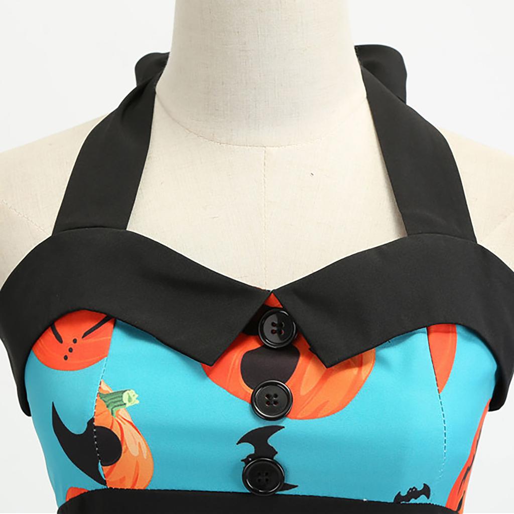 Women Casual Fashion Sleeveless V-neck Button Printed Halloween Dress