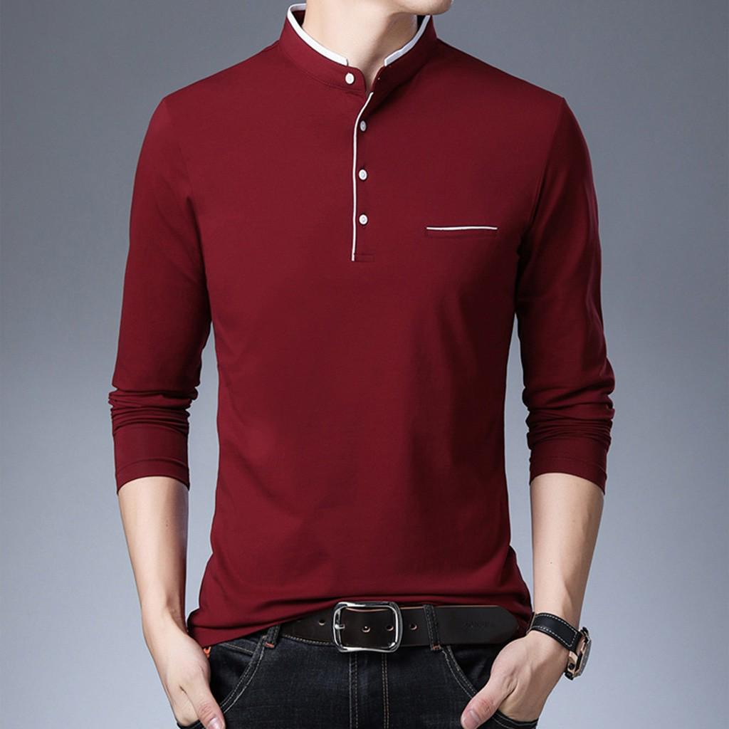 

Мужская новая модная мужская футболка с воротником-стойкой с длинным рукавом, чистая рубашка, топ 2XL красный