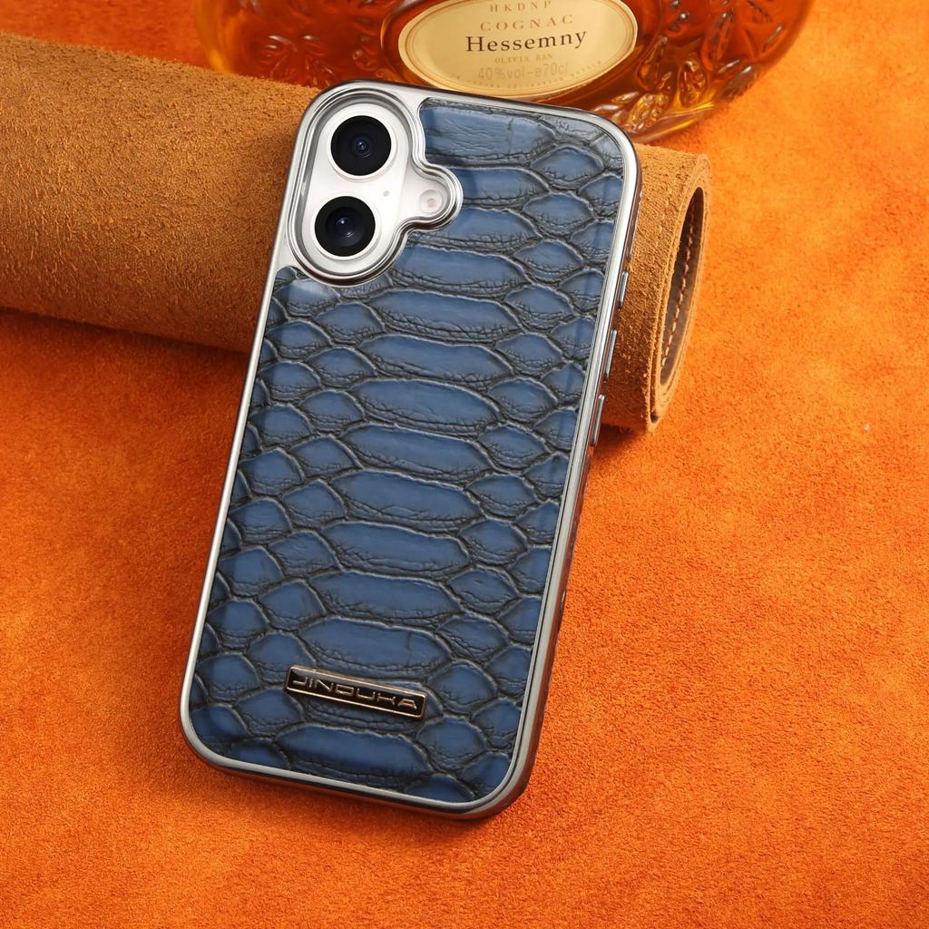 Snakeskin Pattern Leather Case for IPhone 16 Pro Max 17 Air 16 Plus 15 14 13 12 High-end All-inclusive Plating Bumper Hard Cover