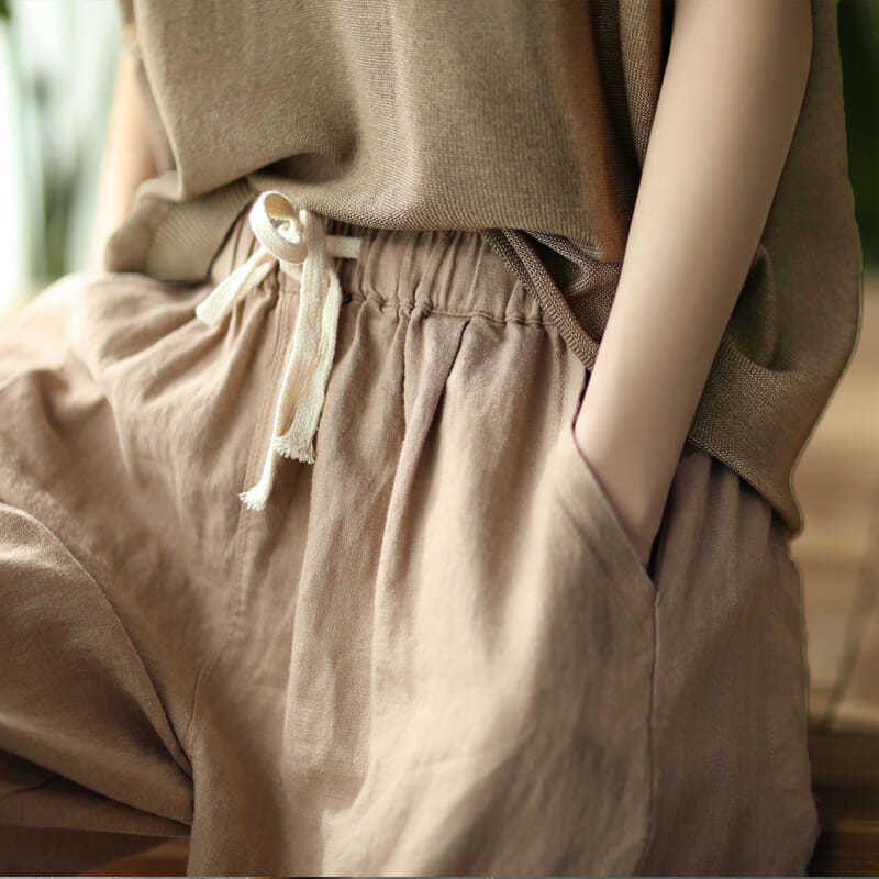 Women's Cotton Linen Loose Fit Summer Harem Pants - Retro Casual Cropped