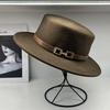 European Style French Small Leather Buckle Australian Wool Top Hat Women's Men's Flat Top Hat Autumn and Winter Retro Wide Brim Hat Tide