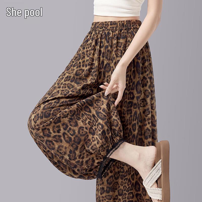Women s Leopard Print Elastic Waist Cropped Casual Pants M