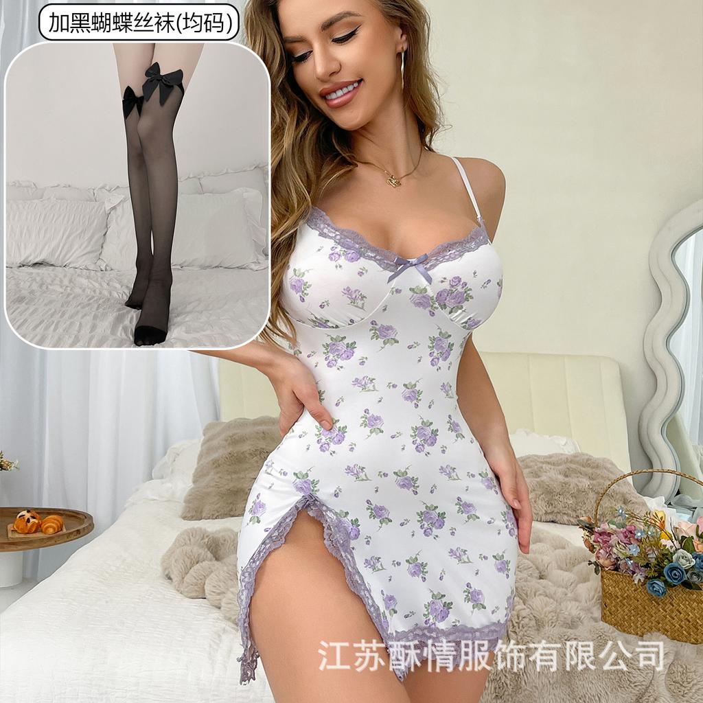 Crispy lingerie small floral splicing lace sexy low-cut European and American style casual split hip skirt nightdress