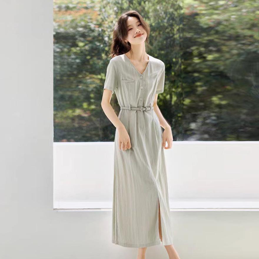Summer new fashion design sense simple temperament short-sleeved Tencel dress waist thin belly long skirt