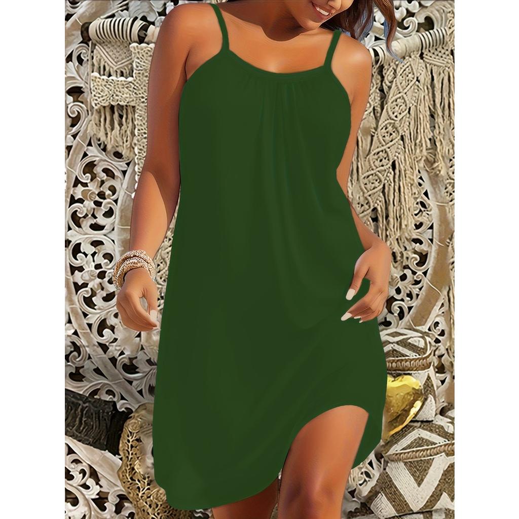 Solid Color Crew Neck Strap Dress, Slim Fit Vacation Beach Dress, Fashion Summer Casual Dress for Women, Hot Selling for Europe America