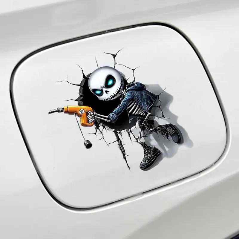 1PC Skull Car Fuel Tank Cap Sticker Funny Crack Skeleton Design Waterproof Vinyl Gas Cap Decal for Auto Decor