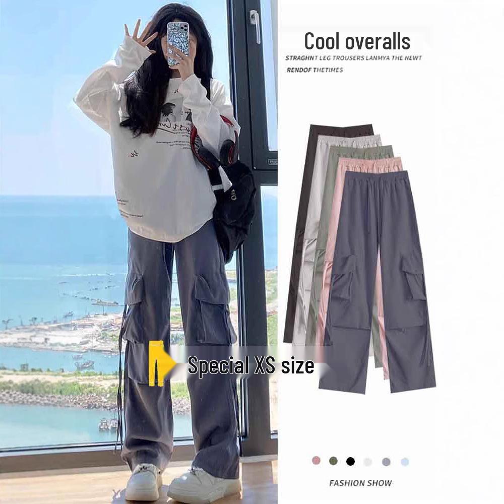 Petite High Waist Gray Wide Leg Cargo Pants for Women - Spring/Summer 145cm Length