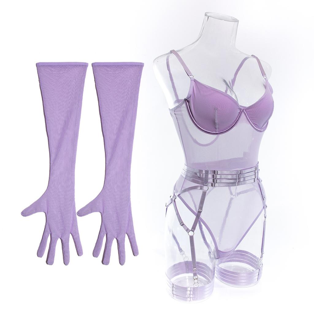 European and American Women Sexy Sheer See Through Bodysuit Patchwork Mesh Lingerie Shapewear with Straps and Gloves
