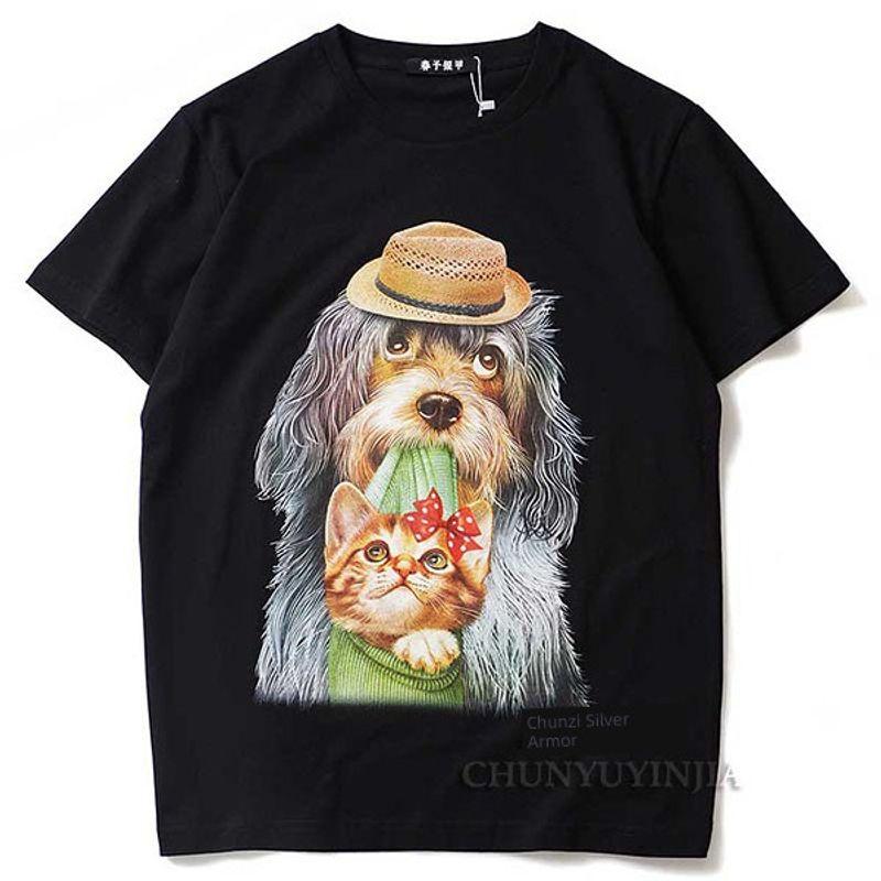 

Spring Yuyin Jia Original Fashion Brand European Station Fashion Style Dogs and Cats Print Children s Fun Pure Cotton Women s Short Sleeve T-Shirt Black XL(75-85kg)(180)