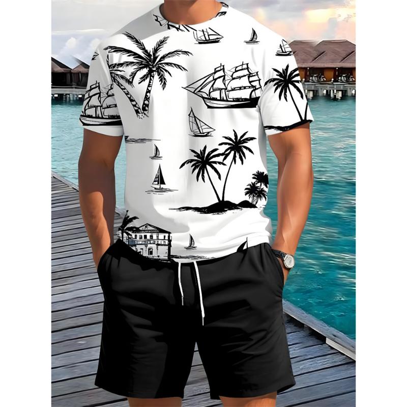 Conjunto de 2 piezas de pantalones cortos de manga corta para hombre, informales, de verano, para uso diario, con estampado hawaiano, para hombre, para deportes al aire libre, para playa