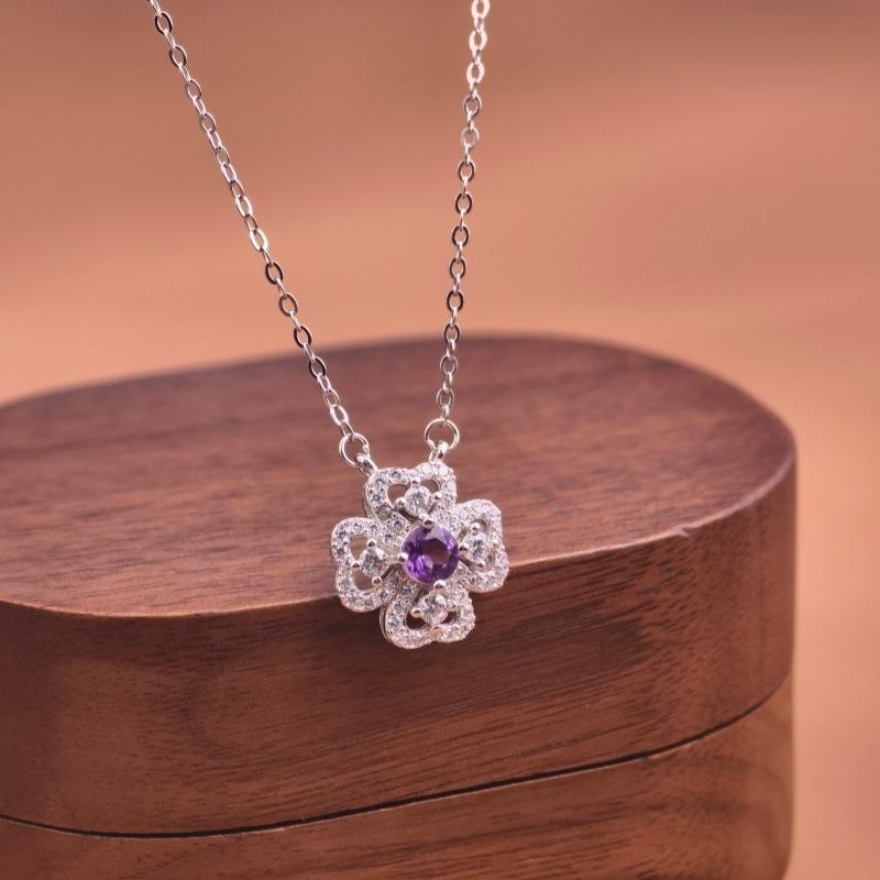 

S925 Silver Lucky Four Leaf Clover Pendant Necklace Natural Crystal Clavicle Chain Fashion Jewelry 925 silver