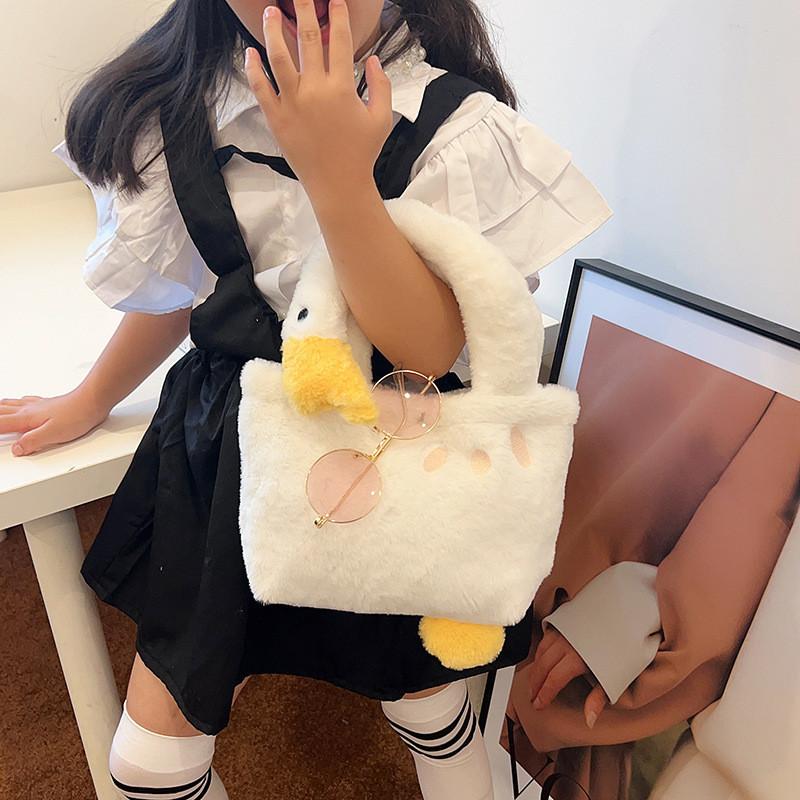 Cute Fluffy White Goose Bag For Girls Breathable Lightweight Plush Handbag