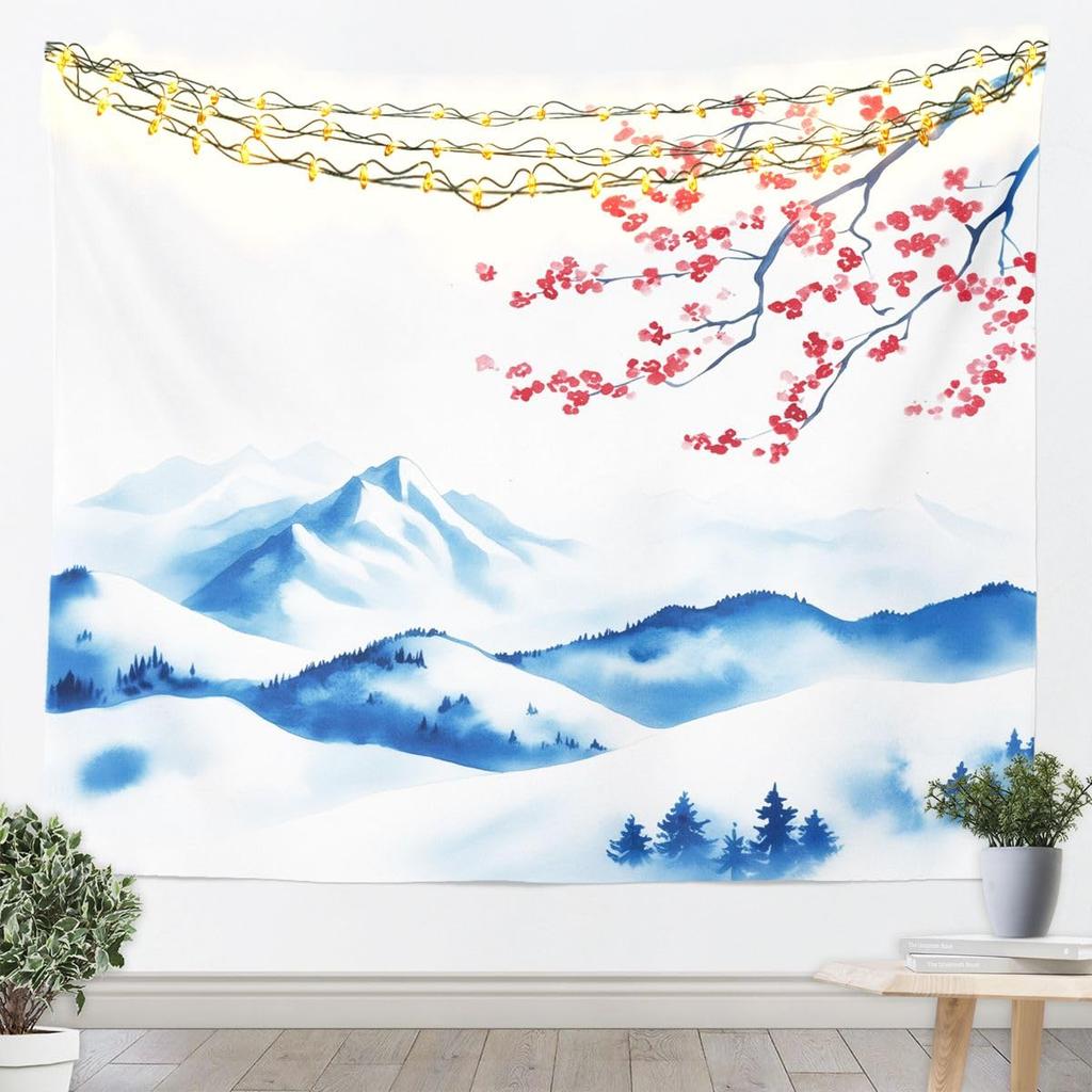 Cherry Blossom Tapestry Japanese Style Wall Art for Living Room Bedroom Chinese Ink Painting Wall Hanging Blanket Plum Blossom