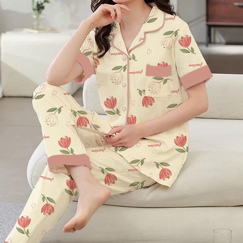 Simple and Sweet Floral Pajamas Women's Summer Imitation Cotton Short-sleeved Trousers Medium Young Women's Loungewear Set