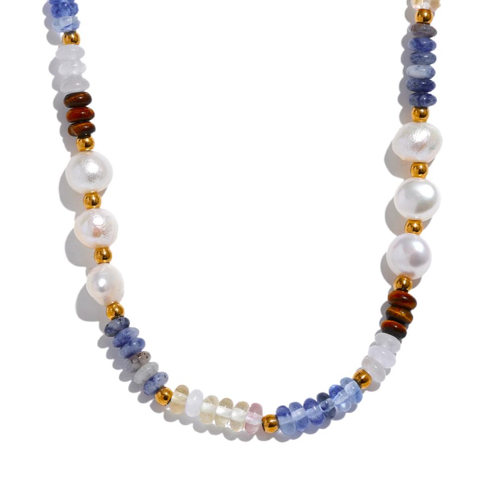 Yhpup Natural Stone Freshwater Pearl Lapis Lazuli Beads Chain Handmade Necklace Stainless Steel Collar Stylish Jewelry Bijoux