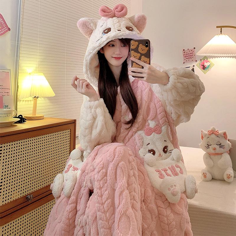 Women's Winter Plus Velvet Coral Fleece Nightgown - Cute Thick Flannel Home Wear