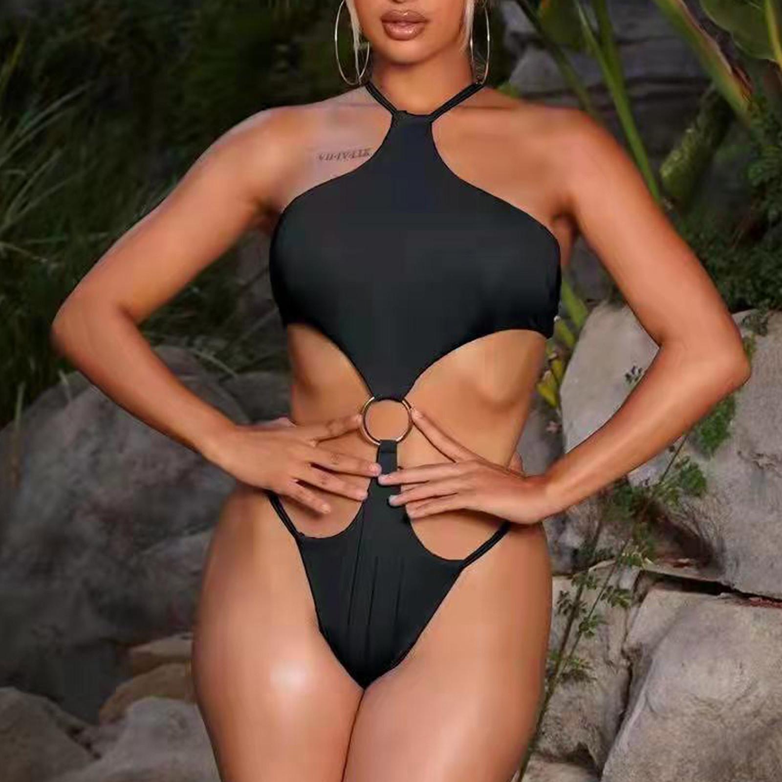 

Женский сплошной цвет купальник монокини с высокой талией купальный костюм купальники сексуальное бикини L чёрный