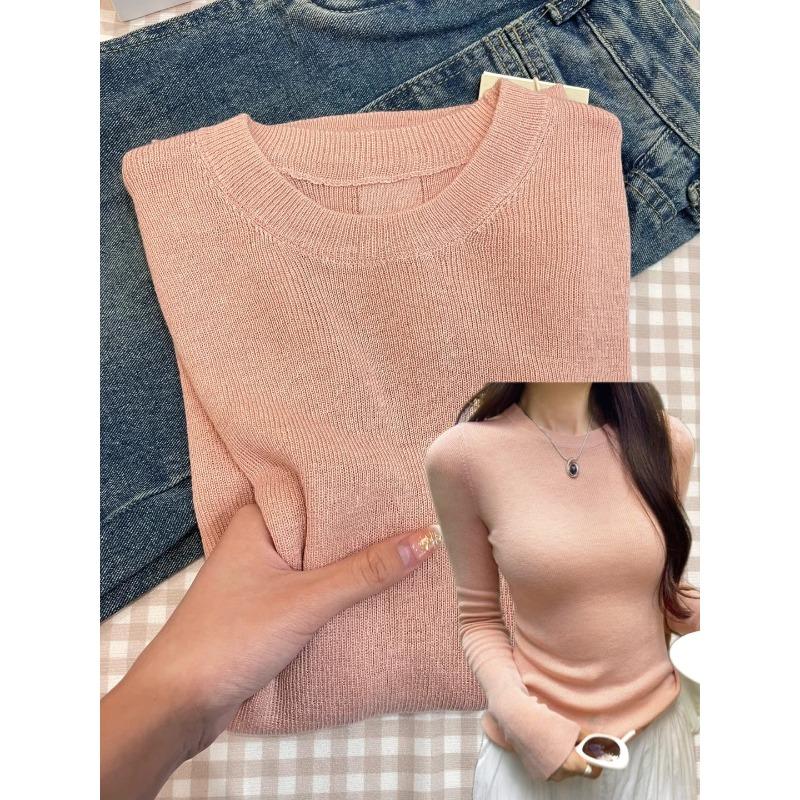 Grey soft waxy round neck pullover bottoming sweater knitted sweater women's spring slim and thin inner shoulder top