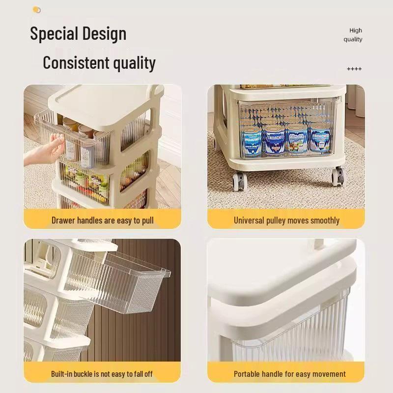 Movable Floor-Standing Baby Toy Storage Rack with Snack and Cream Style Shelves