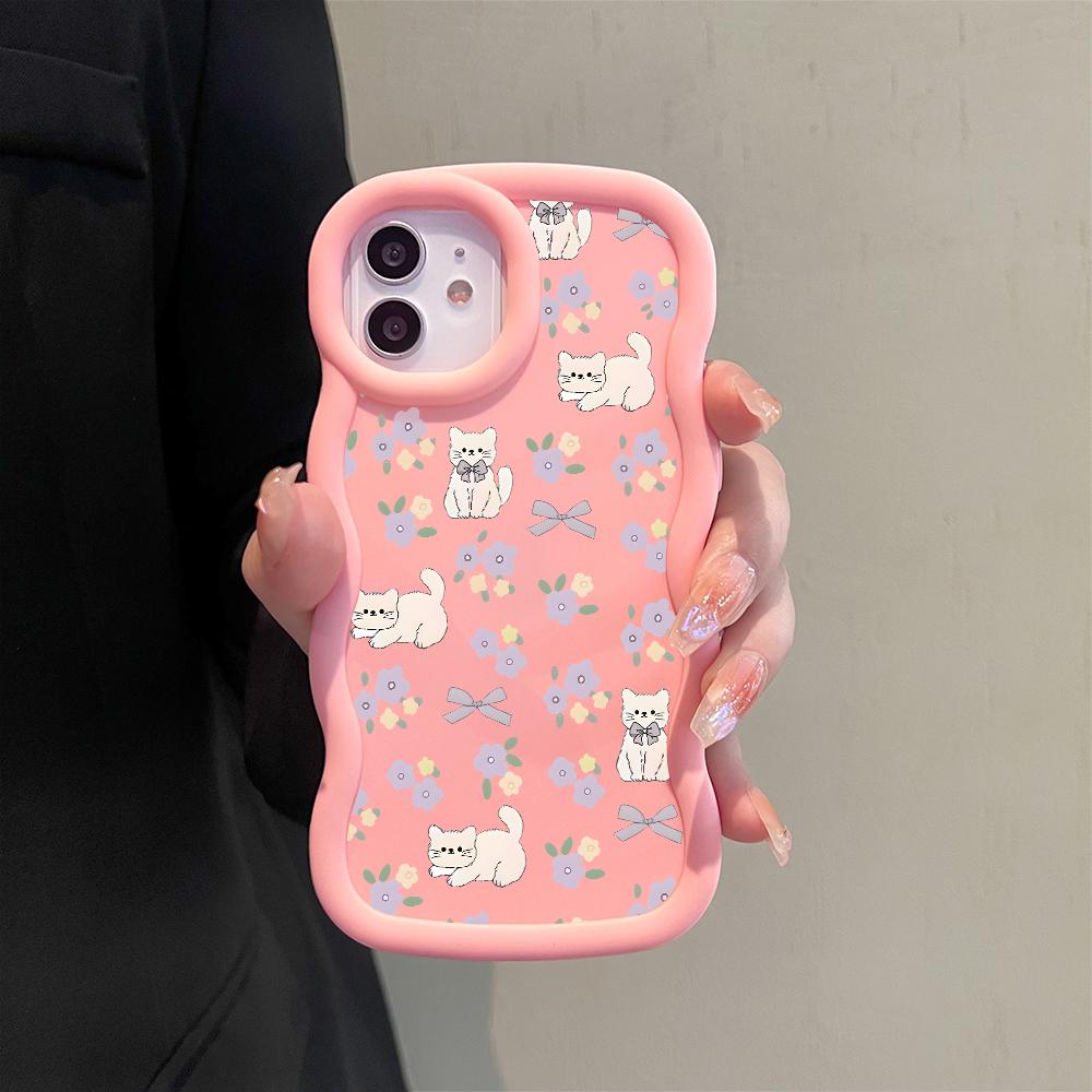 For Infinix Hot 40i 30i Smart 8 OPPO A18 A38 A58 A60 A78 Reno12 FS Vivo Y18 Y28 Y36 Y22s Y17s Soft Wave Edge Cute Flower Kitty Pattern Phone Case