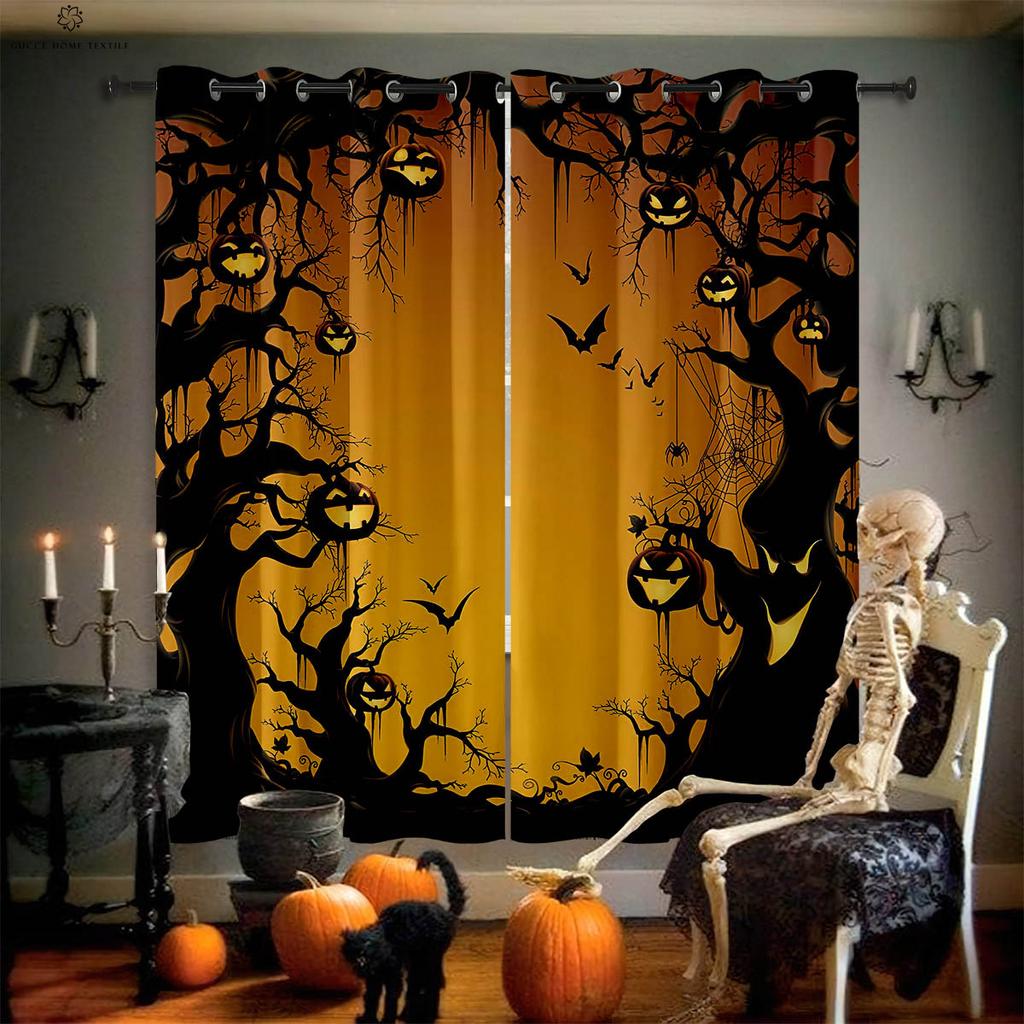 Card Halloween Window Decoration Curtains, Horror Pumpkin Ghost Pattern, Bedroom, Restaurant, Party, 2 Pcs