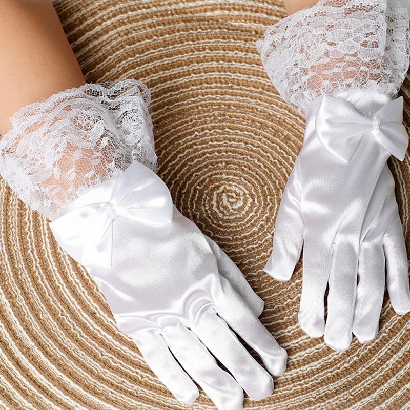 1Pair Lace Sweet Princess Wedding Party Short Polyester Thin Girls Gloves Bow Mittens