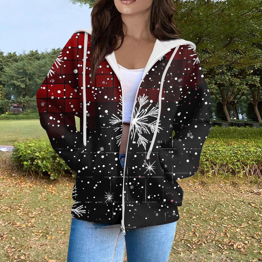 Women's Fashion Casual Christmas Print Long Sleeve Sweatshirt Pocket Jacket Zipper Hoodie Coat