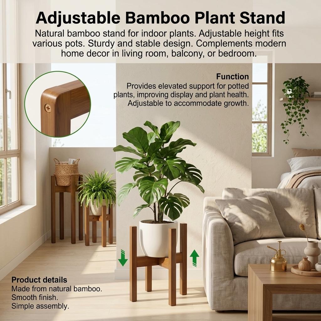 Adjustable Bamboo Plant Stand For Indoor Potted Plants Natural Material Durable Design