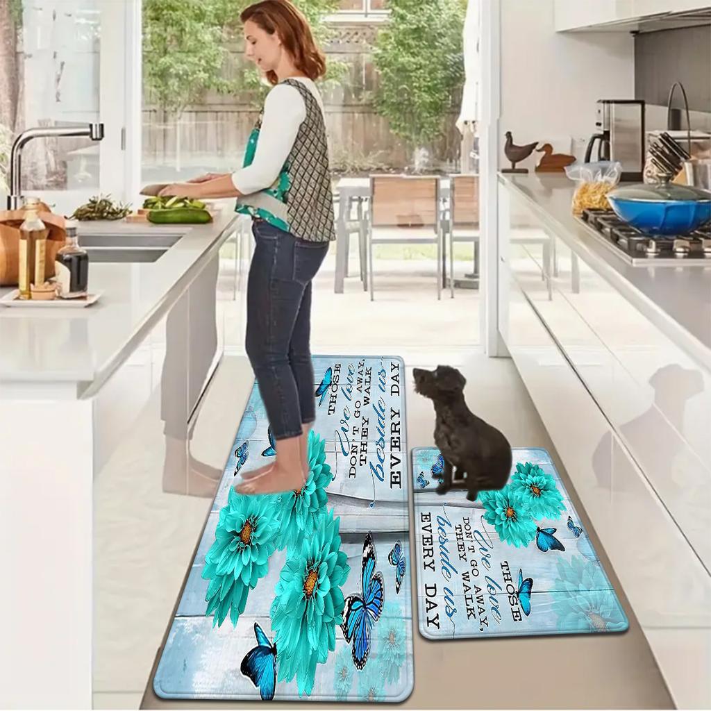 1Pcs Anti Fatigue Kitchen Rugs, BlueDaisy Butterfly  Print Waterproof Non-Slip Thick Cushioned Kitchen Mat Heavy Duty Comfort Standing Mat for Kitchen