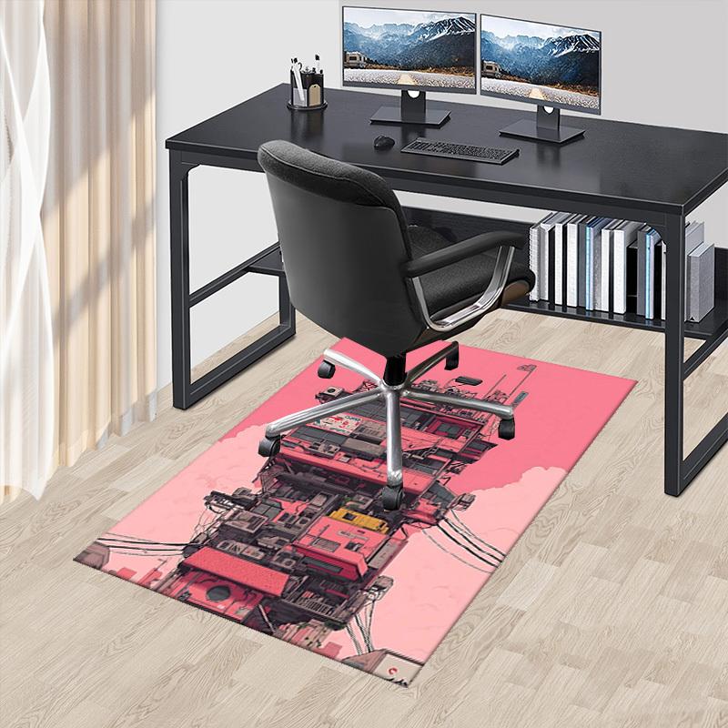 1pc Anime Cartoon Design Office Chair Mat - Pink Building with Japanese Characters and Flags - Non-Slip Carpet for Home Decor, Living Room, Bedroom, G
