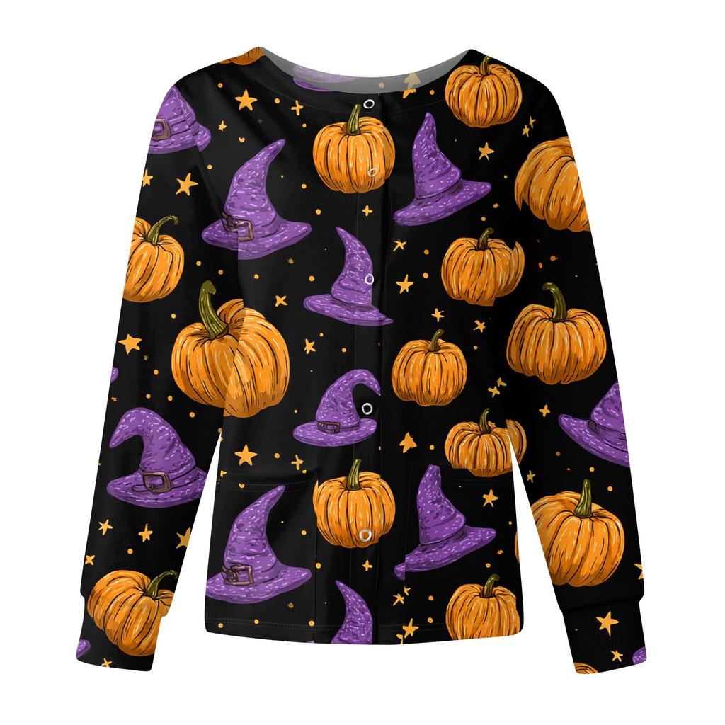 Women's Casual Fashion Long Sleeve Standing Collar Single Breasted Halloween Printed Workwear Jacket Tops
