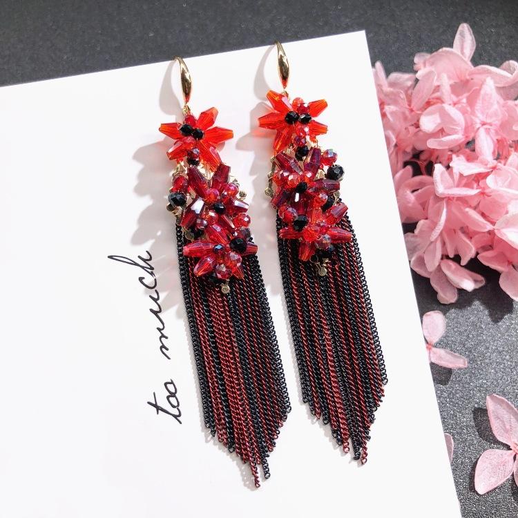 Luxury Retro Handmade Crystal Earrings Femininity Versatile Long Fringed Bride Earrings High-end Ear Jewelry