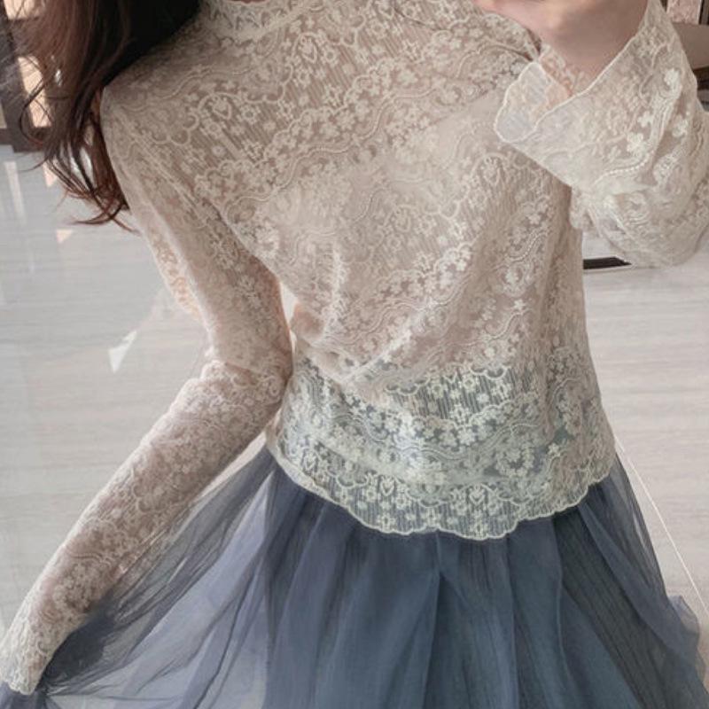 Lace Womens Fairy Mesh Super Longsleeve Top Versatile For Autumnwinter 2025 Semihigh Neck