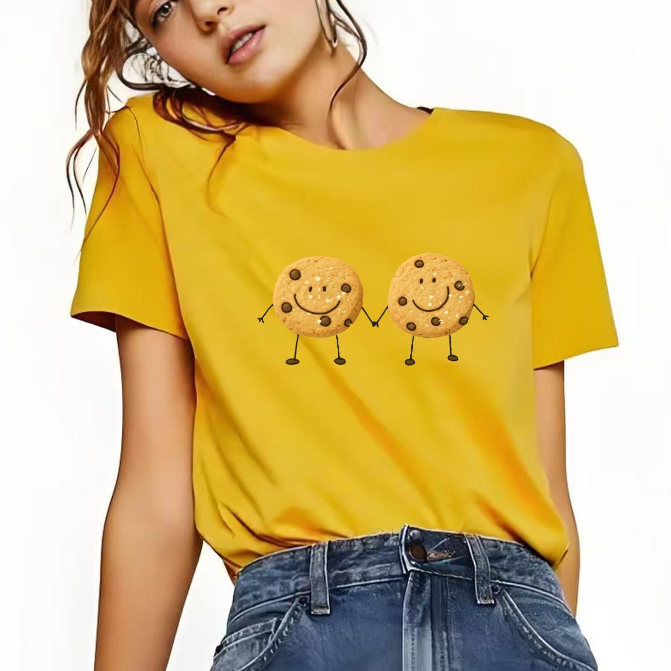 

Cute biscuit print short sleeved round neck Womens Tshirt for spring and summer versatile Womens Tshirt 4XL
