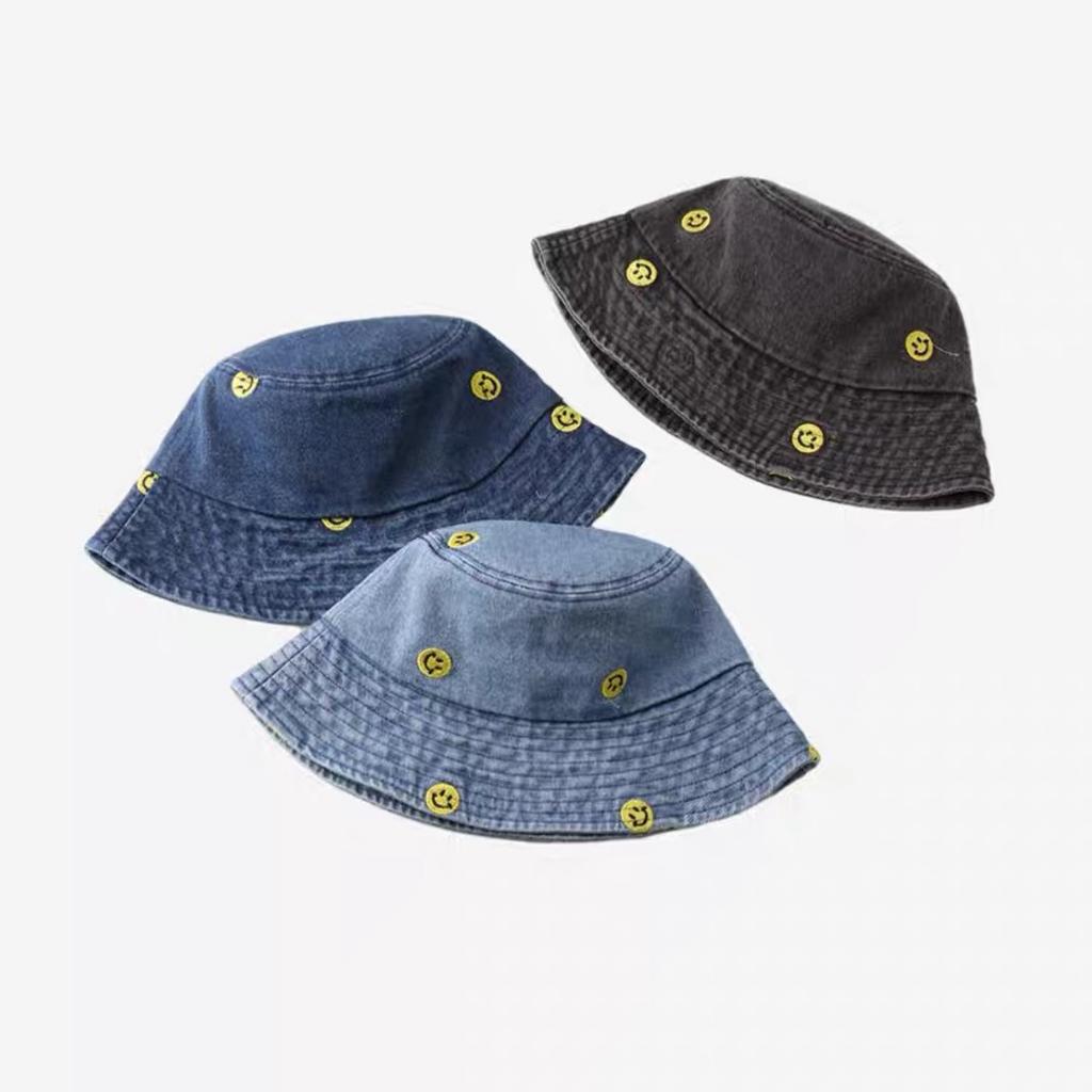 Japanese Simple Smiley Face Embroidered Denim Fisherman Hat Girl Harajuku Vintage Pot Hat Korean Version Spring and Summer Sun Protection Sun Hat Man