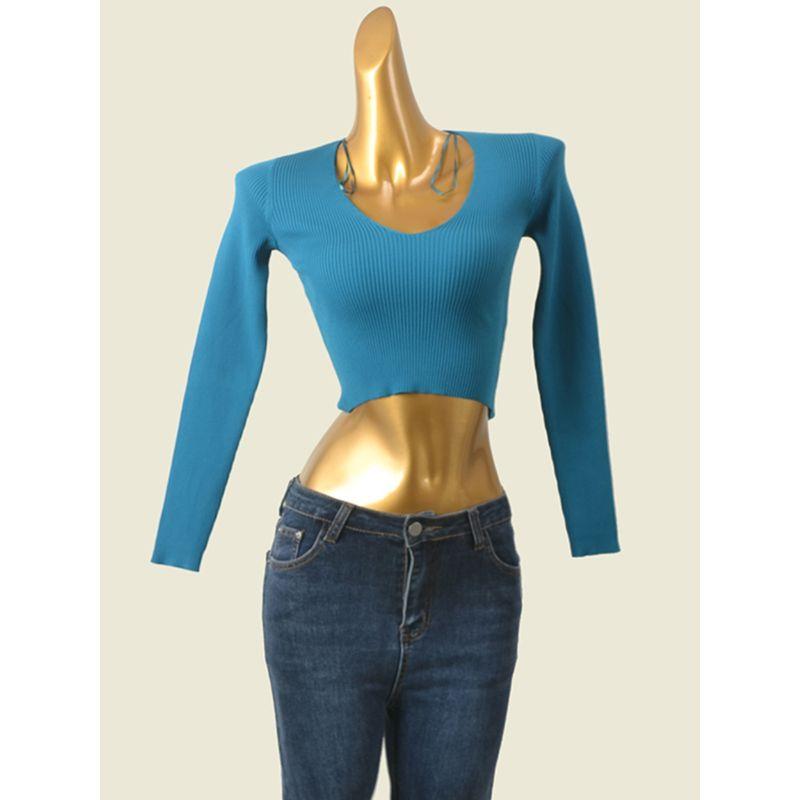 Sexy High Waist Knitwear Sexy Crop Top Pure Color Slimming Long Sleeves Fashion Export Bottoming Shirt