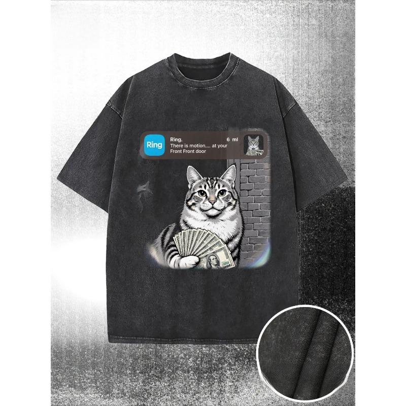 

European Size Washed Batik Cotton T-Shirt with Vintage Cat & Dollar Bill Graphic - Style Short Sleeve Round Neck Casual Shirt, Dollar Sign Print S чёрный