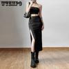 WTEMPO Frauen Side Split Casual Alle-spiel Langen Schwarzen Rock Weibliche Hohe Taille Feste Röcke Streetwear