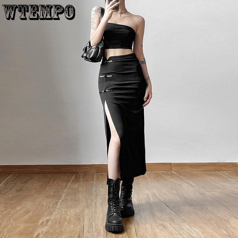 WTEMPO Femei Lateral Split Casual All-metch Fusta lungă neagră Femei Talie înaltă Fuste solide Imbracaminte de stradă