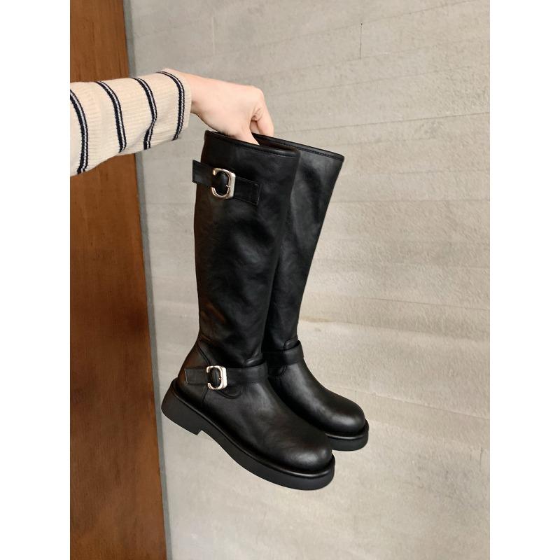 

~ Autumn and winter new round head buckle with thick heel but knee back zipper medium and high knight boots 35 чёрный